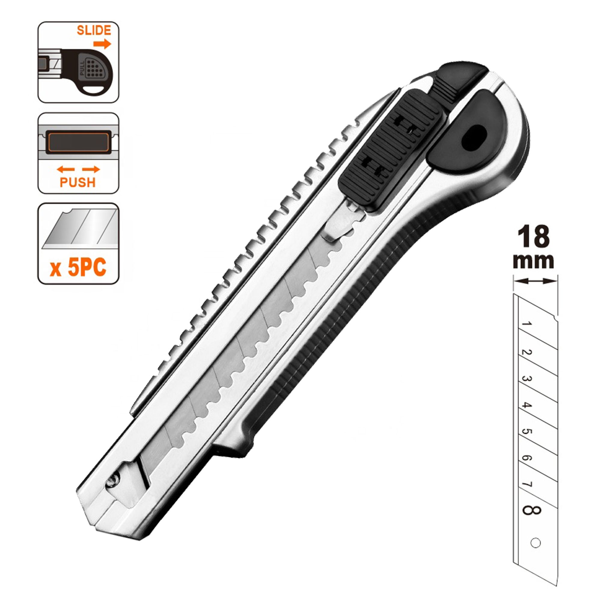 Нож с выдвижным лезвием 18 мм Кротес металлическая направляющая (5 лезвий в комплекте)
