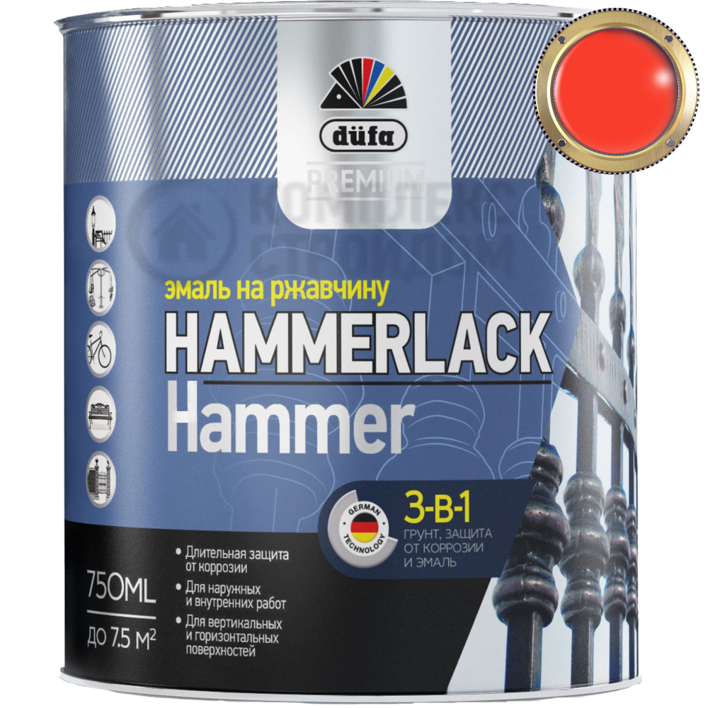 DUFA PREMIUM HAMMERLACK 3в1 эмаль на ржавчину молотковая красная 0.75 л.