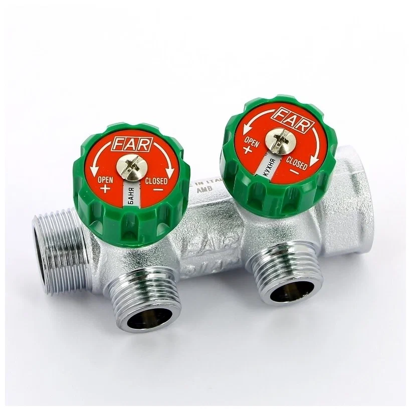 Коллектор FAR 3/4″x1/2″ на 2 выхода «плоское уплотнение» (ВР-НР) FK 3821 3412TP